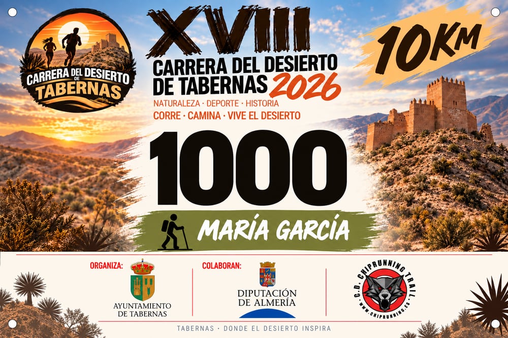 Dorsal de la XVIII Carrera del Desierto de Tabernas 2026: número 1000 en grande, el nombre del participante sobre una banda verde con el icono de senderista y el castillo de Tabernas al fondo
